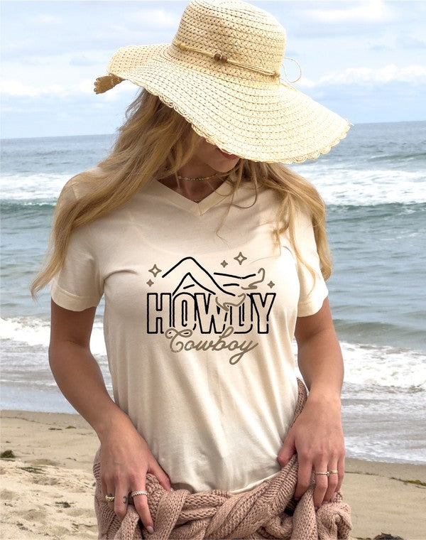 V-Neck Howdy Cowboy Graphic Tee in biege