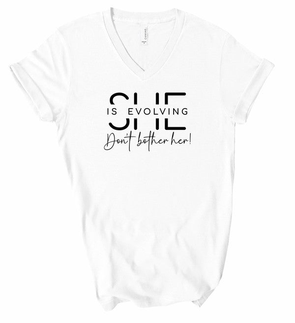 White V-Neck She Is Evolving Graphic Boutique Tee