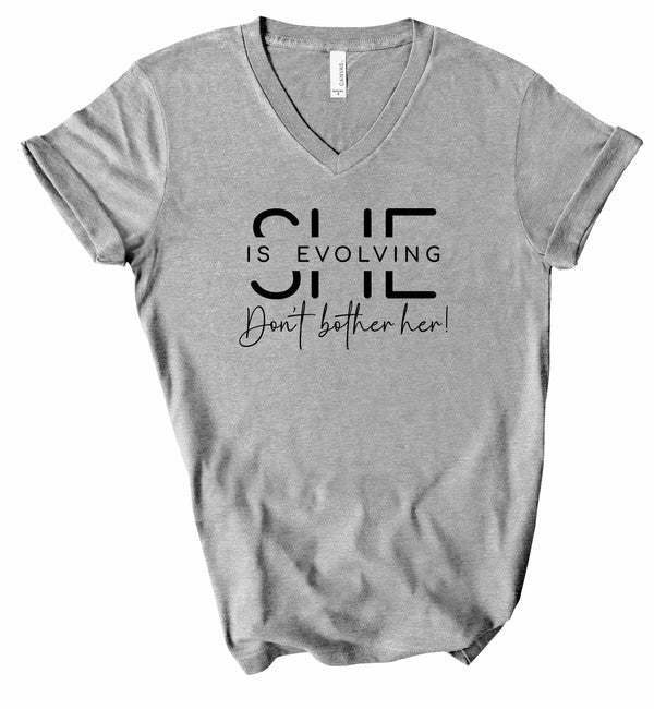 Gray V-Neck She Is Evolving Graphic Boutique Tee