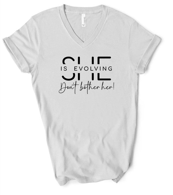 V-Neck She Is Evolving Graphic Boutique Tee for women