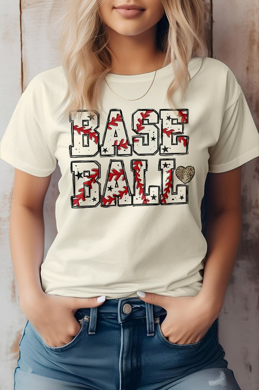Model showing front of Baseball Love Graphic Tee-natural