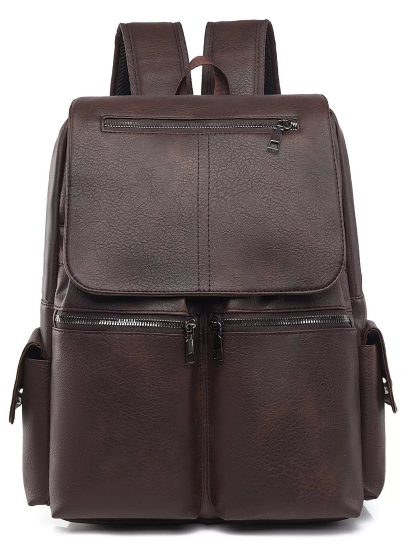 Brown leather backpack on a white background