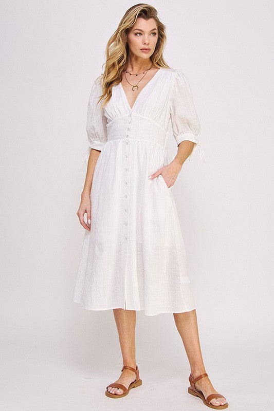 White 3/4 PUFF SLV TEXTURE VNECK BUTTON DOWN MIDI DRESS