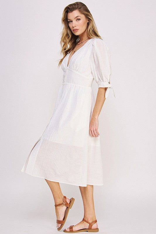 Buy 3/4 PUFF SLV TEXTURE VNECK BUTTON DOWN MIDI DRESS