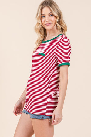 Side view of Stripe Ribbed T Shirt with Contrast Binding