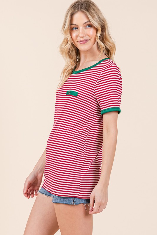 Side view of Stripe Ribbed T Shirt with Contrast Binding