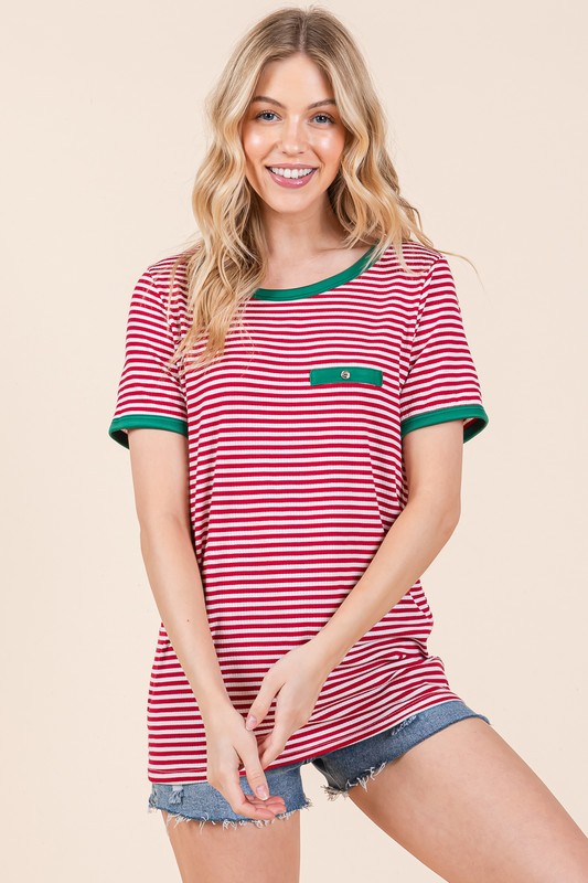 Cool Stripe Ribbed T Shirt with Contrast Binding