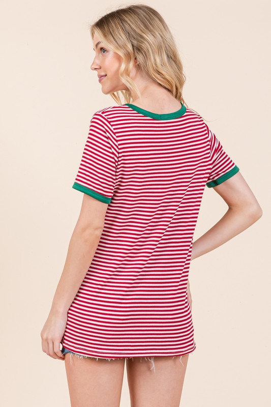 Back view of Stripe Ribbed T Shirt with Contrast Binding