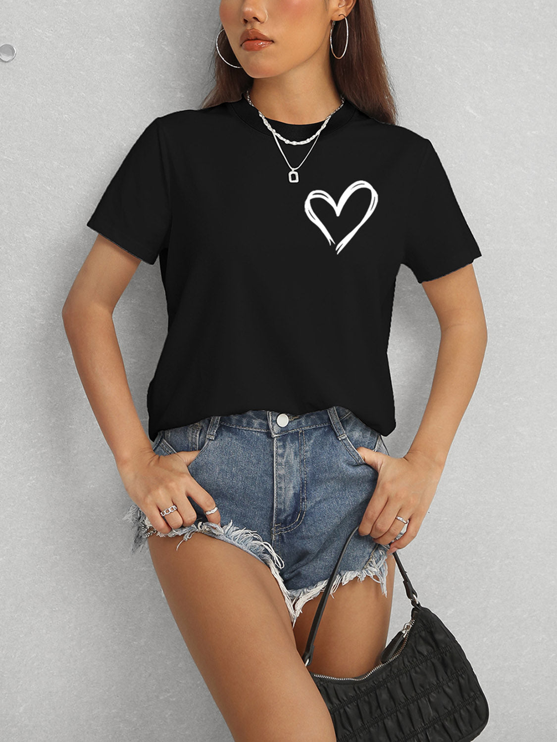 Black Heart Round Neck Short Sleeve T-Shirt
