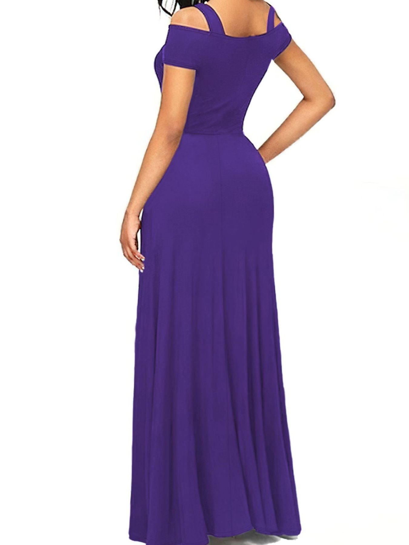 Purple off-shoulder gown on a white background
