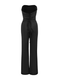 Black strapless jumpsuit on a white background