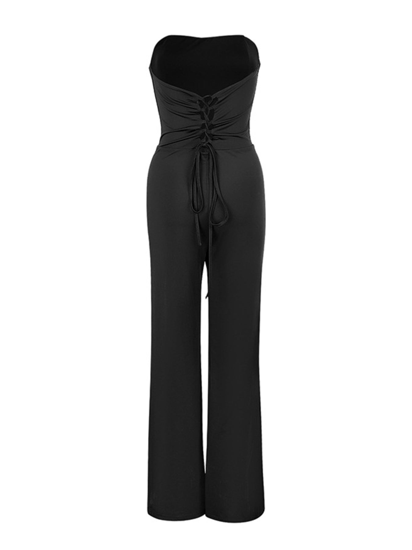 Black strapless jumpsuit on a white background