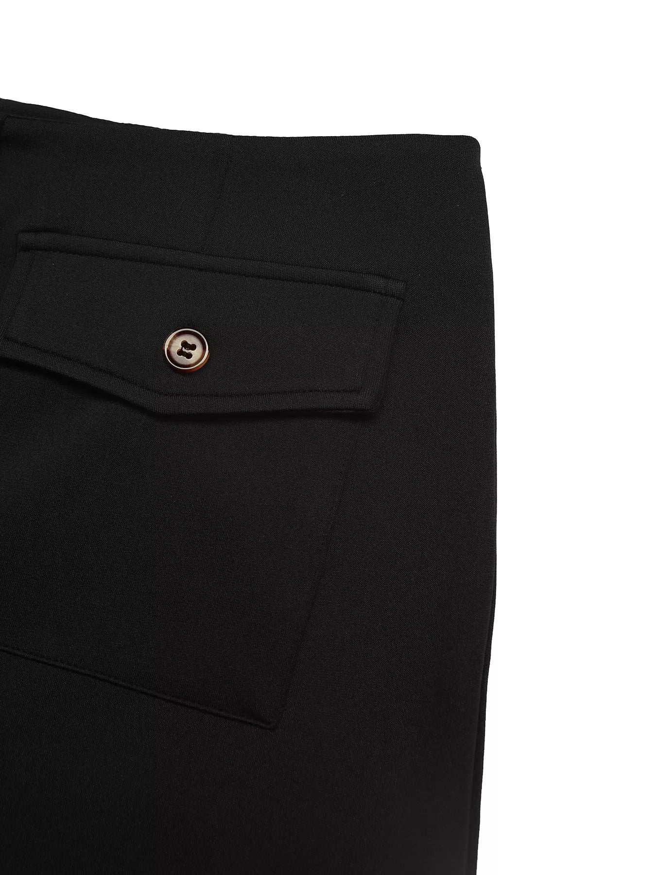 Close-up of black pants with a button on a white background