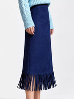 side view of ble High-Waisted Fringe Midi Skirt