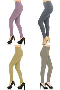 Four pairs of leggings in different colors worn by models on a white background.
