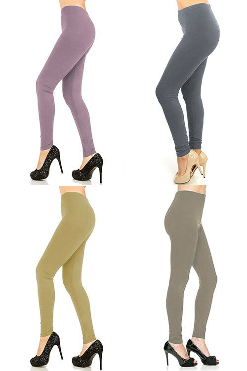 Four pairs of leggings in different colors worn by models on a white background.