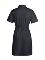 Black denim dress on a white background