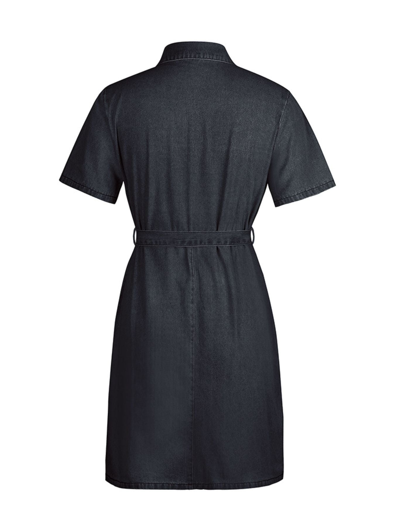 Black denim dress on a white background