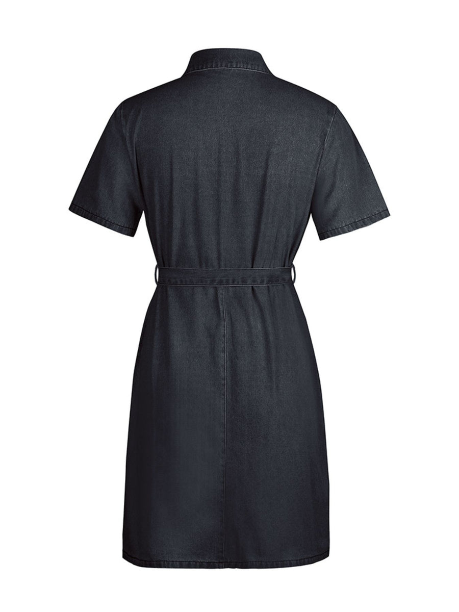 Black denim dress on a white background