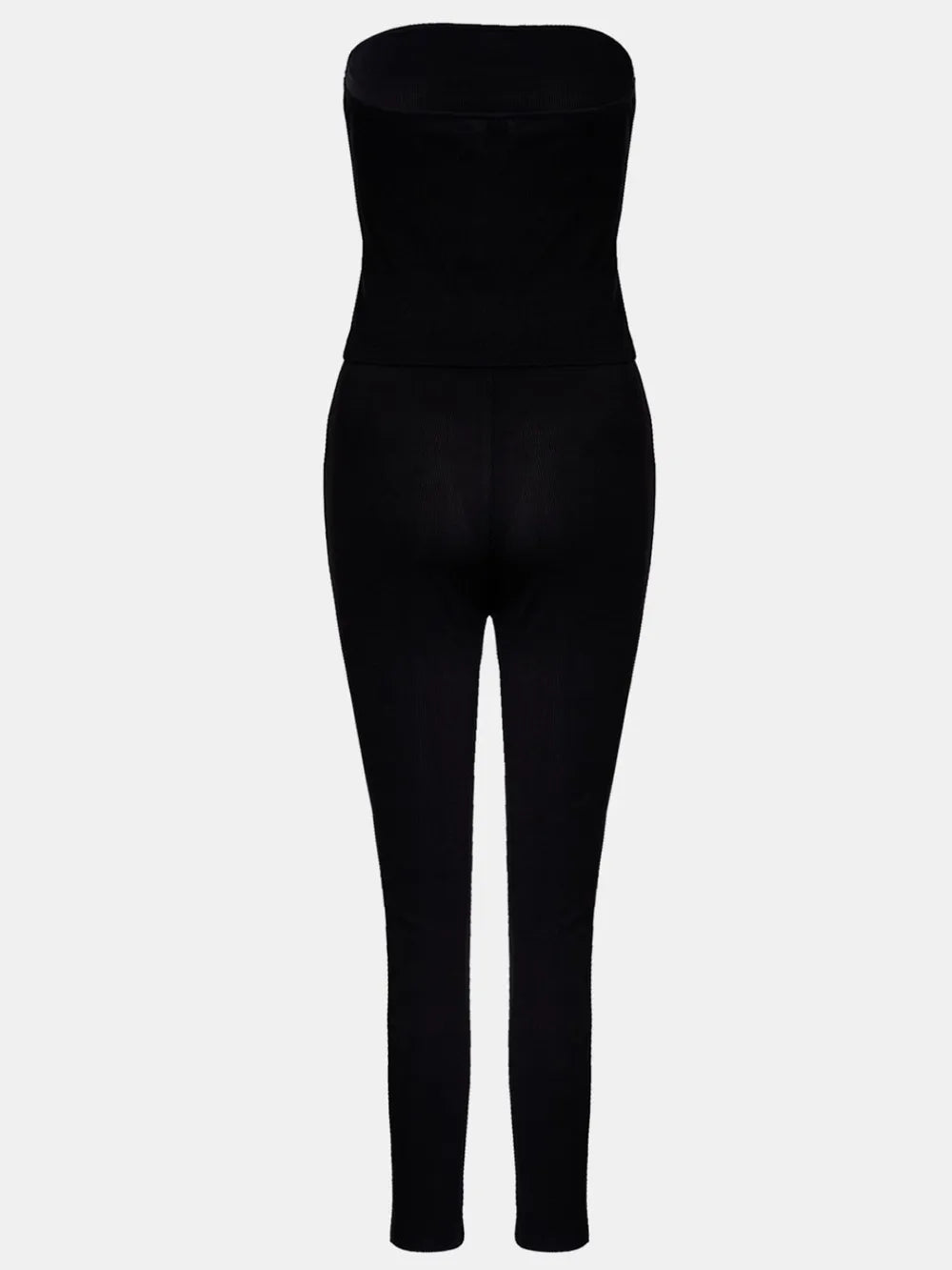 Black strapless jumpsuit on a white background
