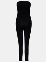 Black strapless jumpsuit on a white background