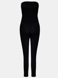 Black strapless jumpsuit on a white background