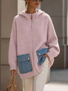 Contrast Denim Pockets Hooded Cardigan