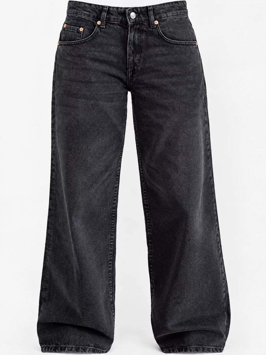 Black wide-leg denim jeans with a faded wash, shown from the front against a plain white background.
