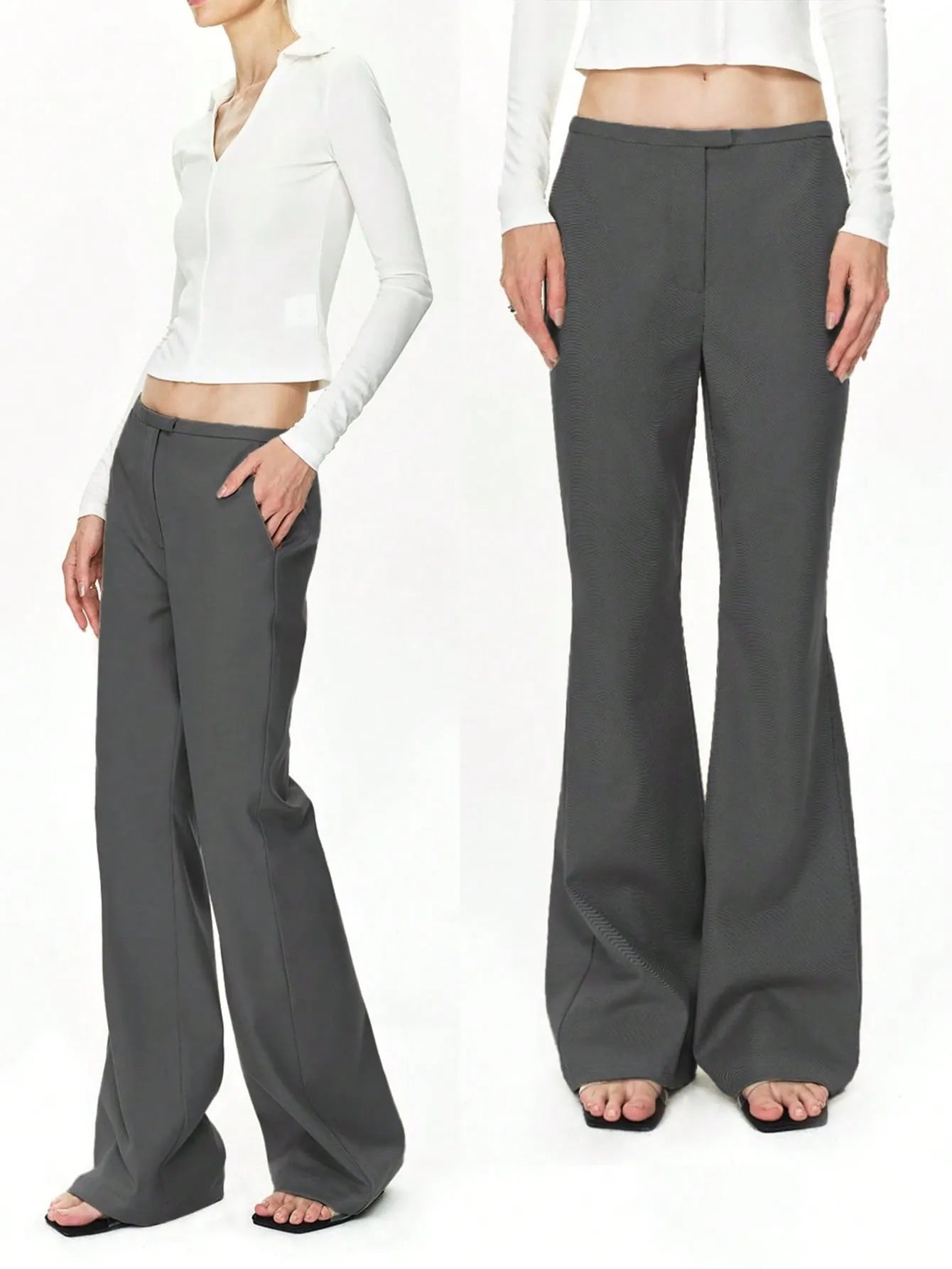Two people wearing gray wide-leg pants on a white background