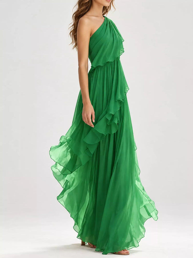 View of the left side of green One-Shoulder Ruffled Chiffon Maxi Dress