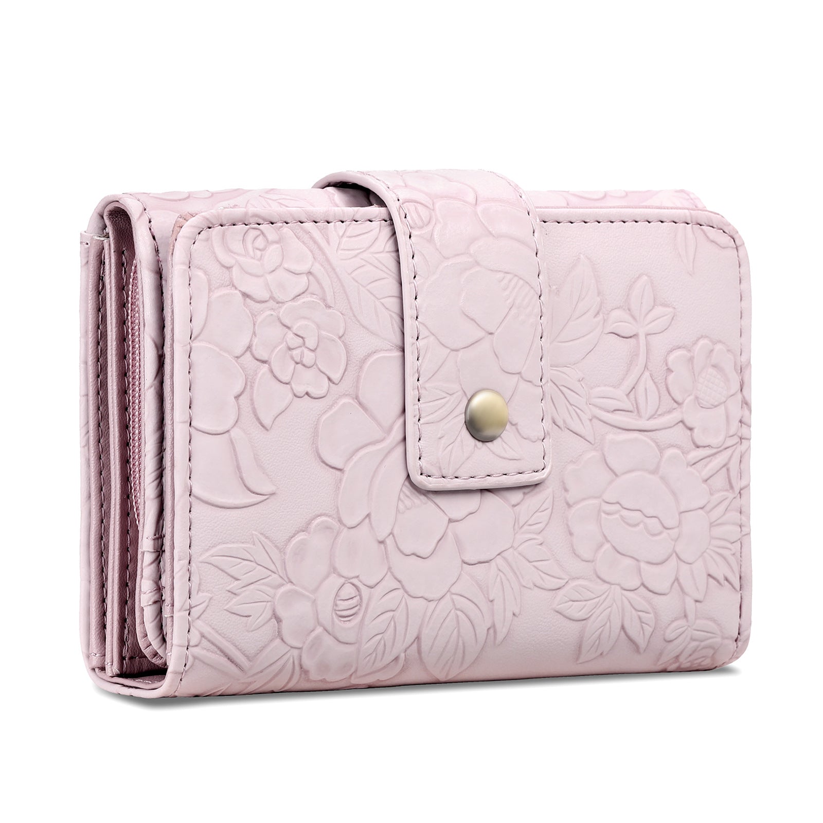 Pink floral embossed wallet with a gold clasp on a white background