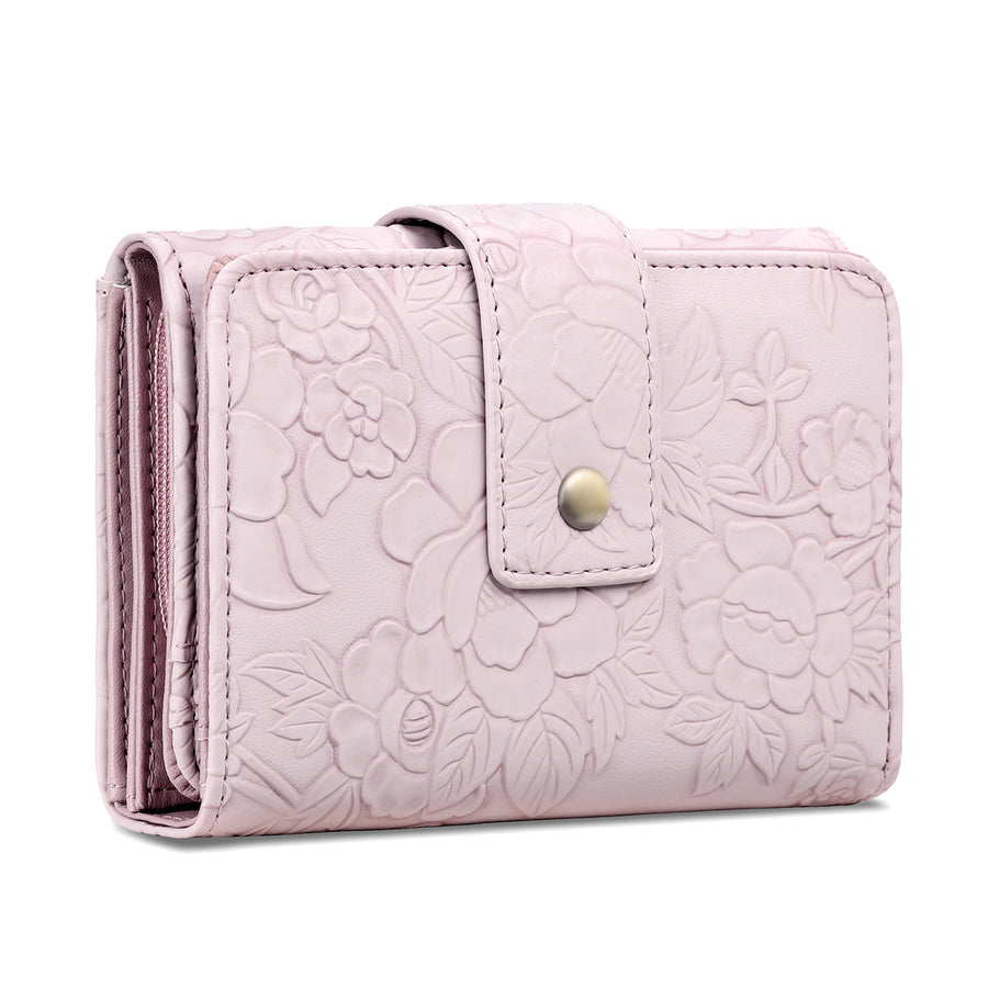 Pink floral embossed wallet with a gold clasp on a white background