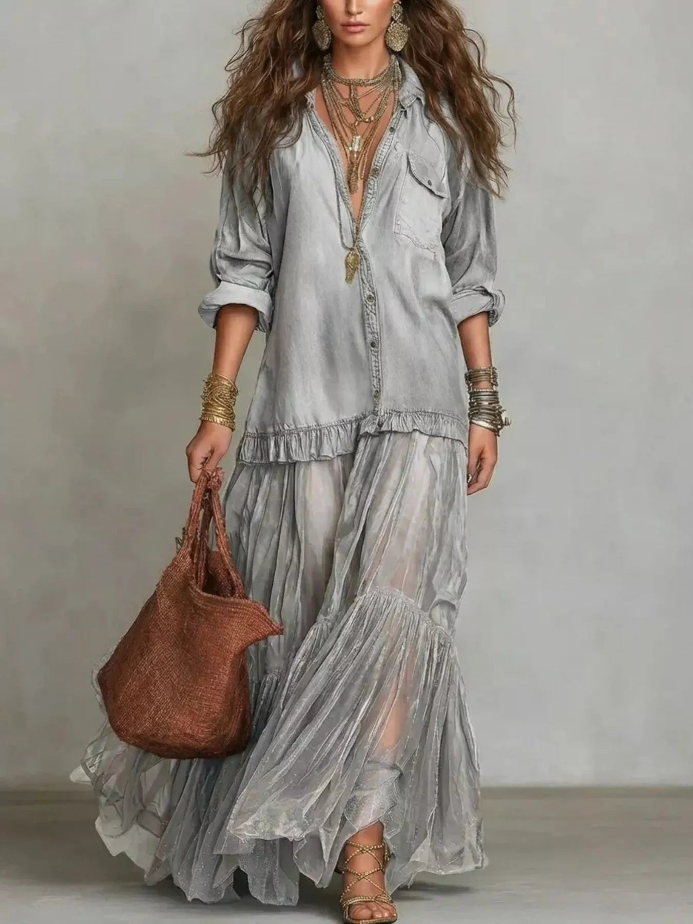 Woman in a flowing gray dress holding a brown bag against a neutral background