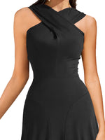Black sleeveless dress with a draped neckline on a white background
