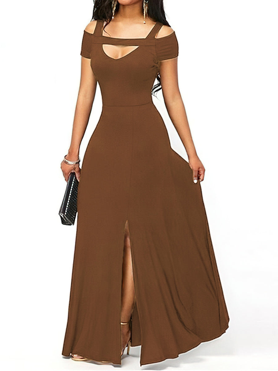 Brown off-shoulder dress with a slit on a white background