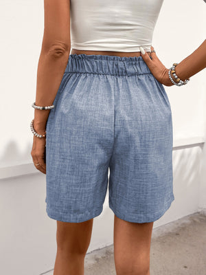 Back view of blue Perfee Frill Shorts with Pockets
