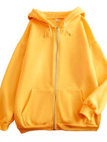 A bright yellow zip-up hoodie with a front zipper, drawstrings, and kangaroo pockets, shown against a plain white background.