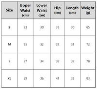 Size chart with measurements for upper waist, lower waist, hip, length, and weight.