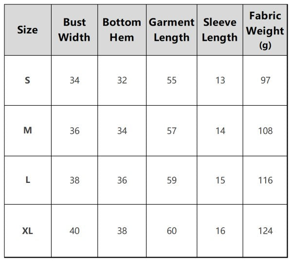 Table showing garment dimensions and fabric weights for sizes S, M, L, and XL.