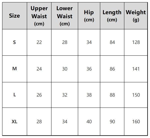 Size chart for clothing with measurements in centimeters and grams.
