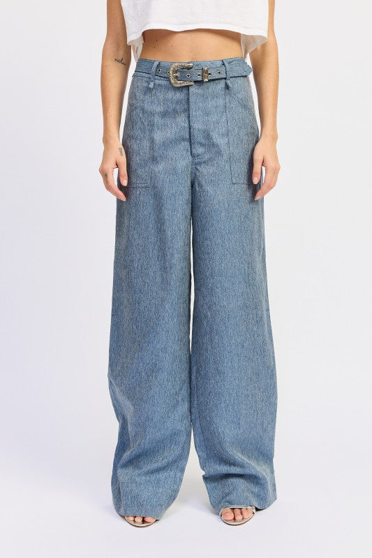 Wide-leg jeans worn by a person on a white background