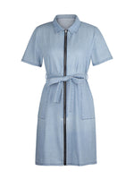 Light blue denim dress with a zipper on a white background