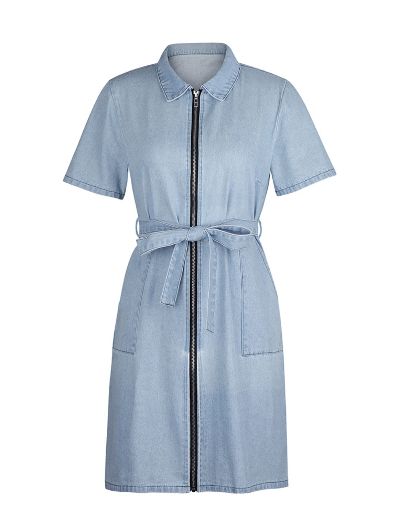 Light blue denim dress with a zipper on a white background