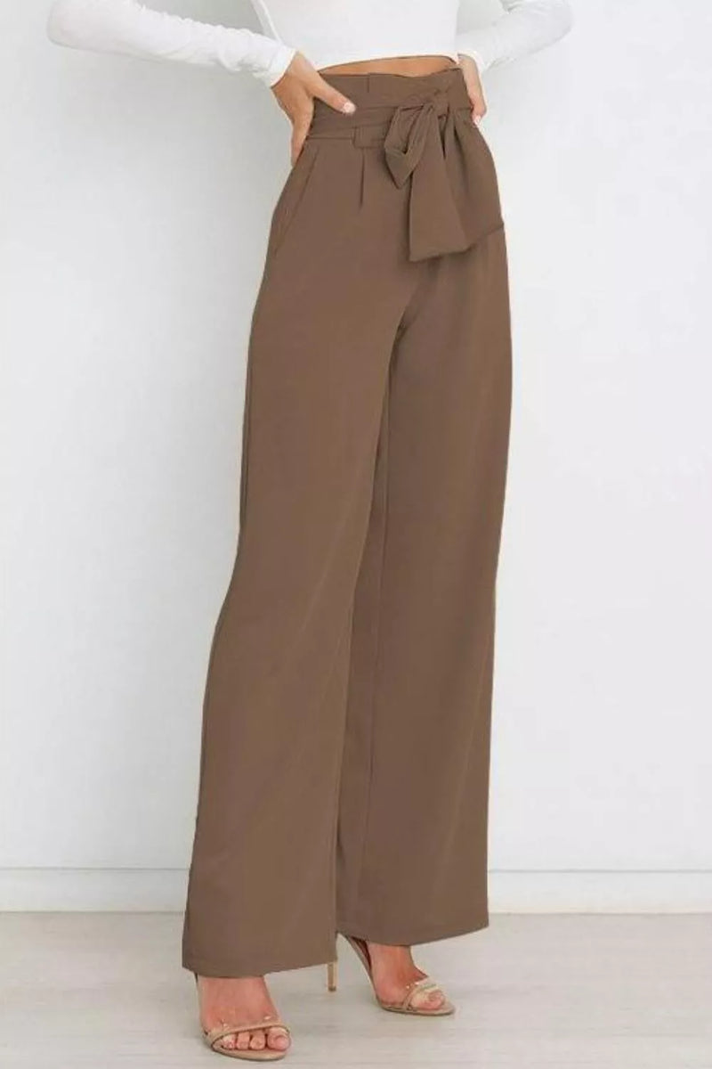 Brown wide-leg pants with a tie waist worn by a person on a white background