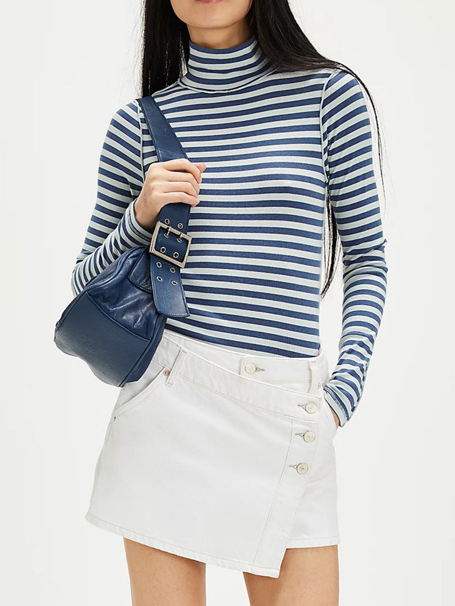 Front view of Exposed Seam Striped Turtleneck Long Sleeve T-Shirt