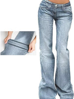 Light blue flared jeans with a close-up inset showing the fabric texture.