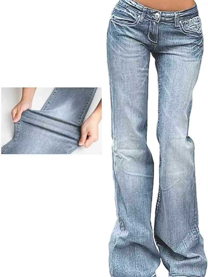 Light blue flared jeans with a close-up inset showing the fabric texture.