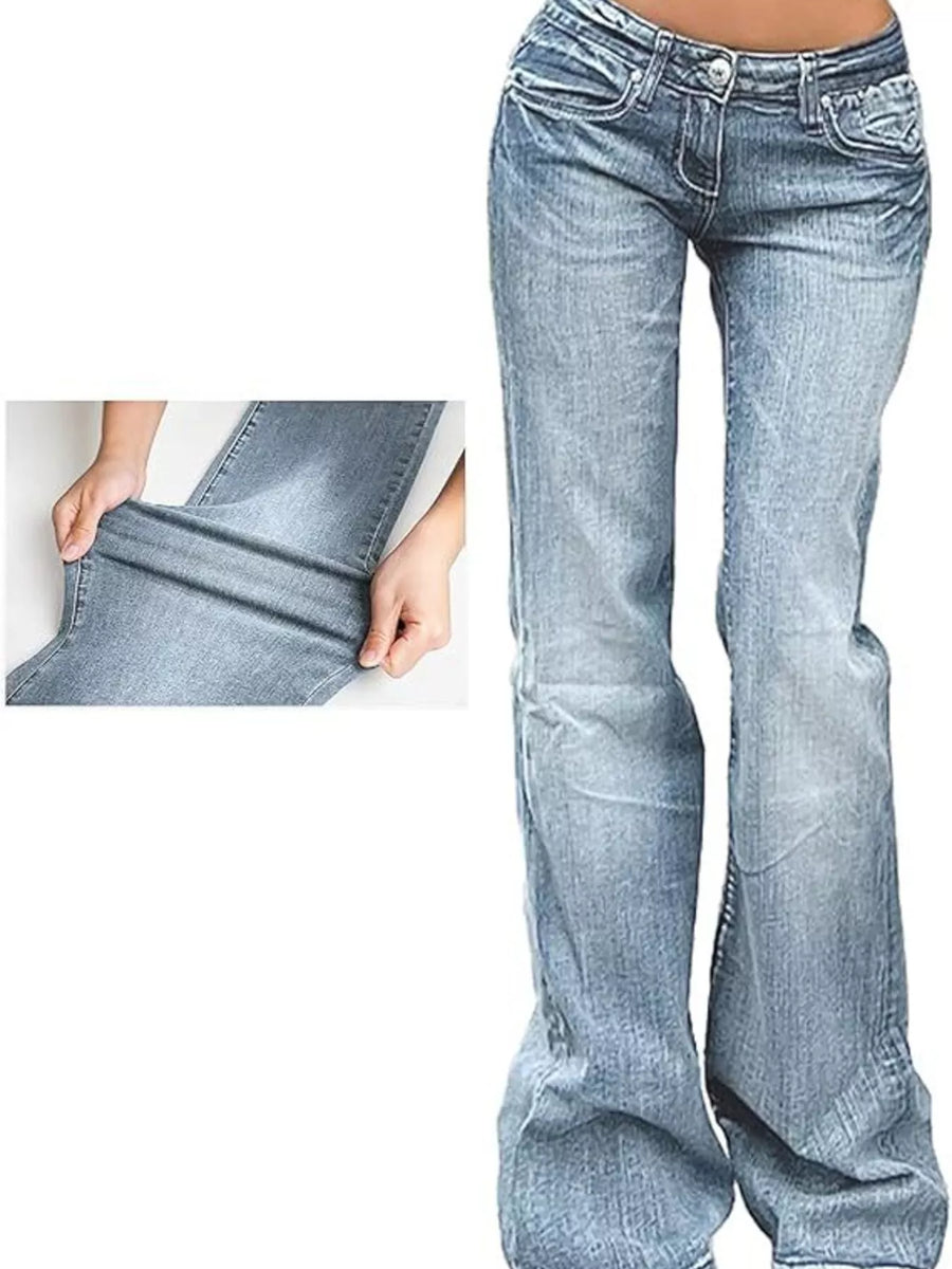 Light blue flared jeans with a close-up inset showing the fabric texture.
