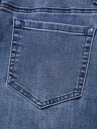 Close-up of a blue denim pocket with stitching details