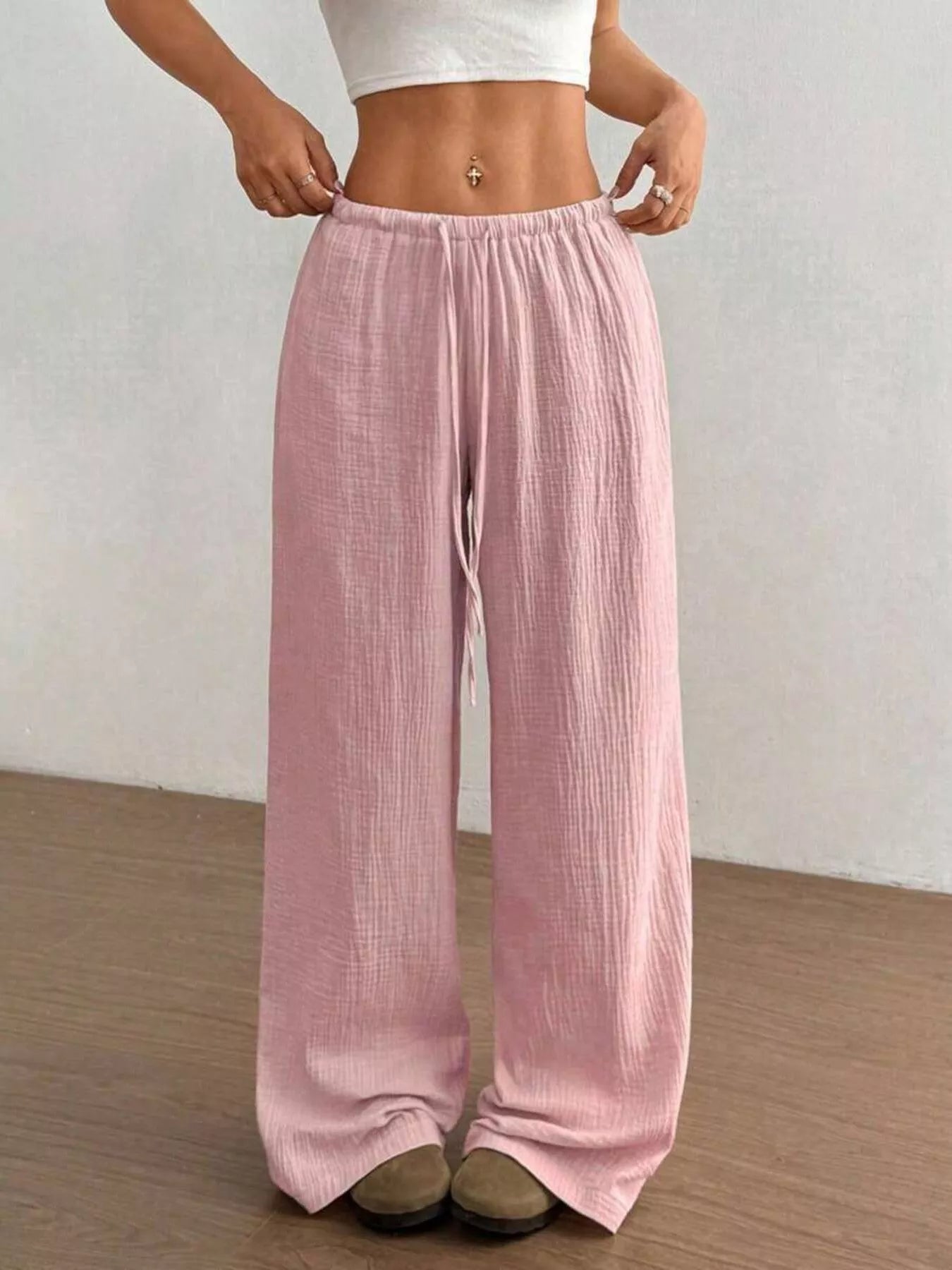 Front view of Full Size Drawstring Wide Leg Pants Plus Size